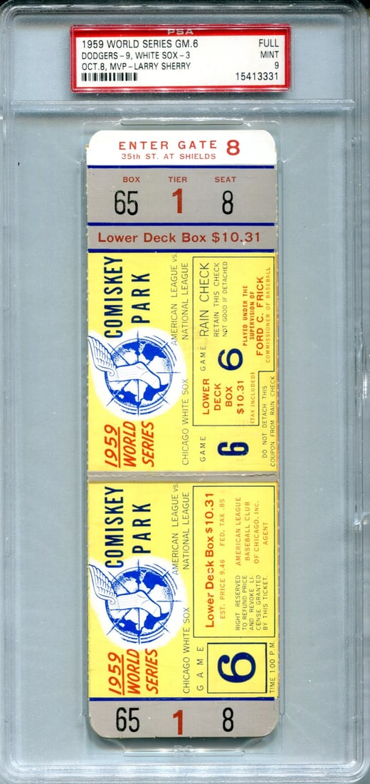 Full game ticket 1959 World Series Baseball Game 6 Dodgers Vs White Sox 9: Full game ticket 1959 World Series Baseball Game 6 Dodgers Vs White Sox 9 1959 World Series Baseball Game 6 Dodgers Vs White Sox Full Game Ticket PSA 9. A piece of baseball history, this ticket featur
