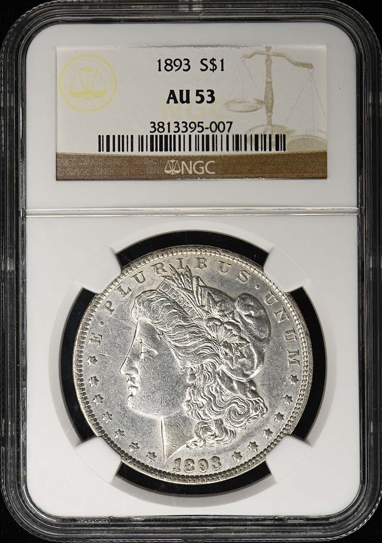 1893 Morgan Dollar S$1 NGC AU53: 1893 Morgan Dollar S$1 NGC AU53 The 1893 Morgan Dollar S$1 features a rich history, certified by the NGC with a grade of AU53, indicating a high level of detail and preservation. This circulated coin 