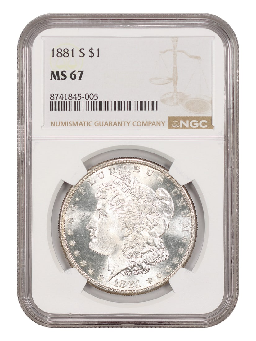 1881-S $1 NGC MS67 - Morgan Dollar - Popular Collector Date: 1881-S $1 NGC MS67 - Morgan Dollar - Popular Collector Date The 1881-S $1 Morgan Dollar is a highly sought-after collector's item, featuring the San Francisco mint mark and a grade of MS67 from the Nu