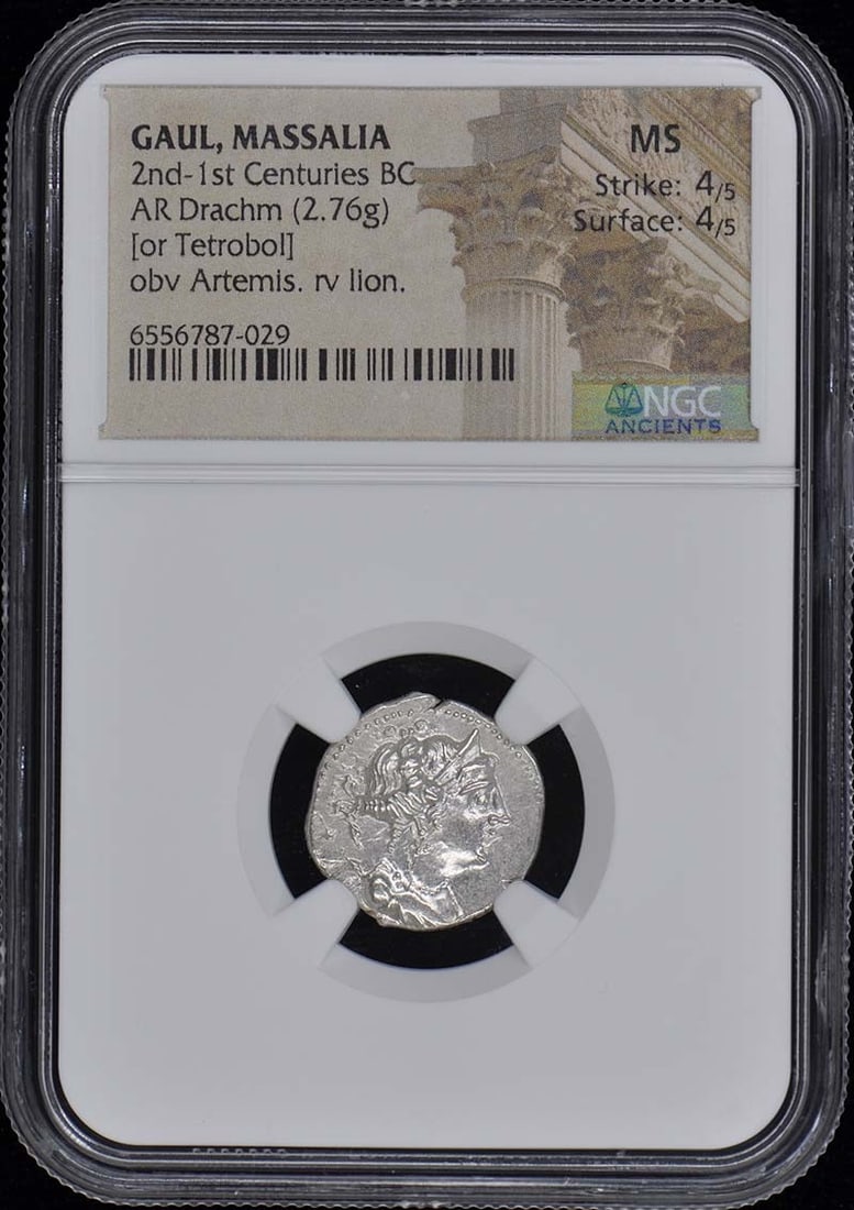 2nd-1st Centuries BC GAUL, MASSALIA AR Drachm NGC 60: 2nd-1st Centuries BC GAUL, MASSALIA AR Drachm NGC 60 NGC 60 graded Massalia AR Drachm from the 2nd-1st Centuries BC Gaul, featuring a notable ancient coin with a unique history. This coin boasts an im