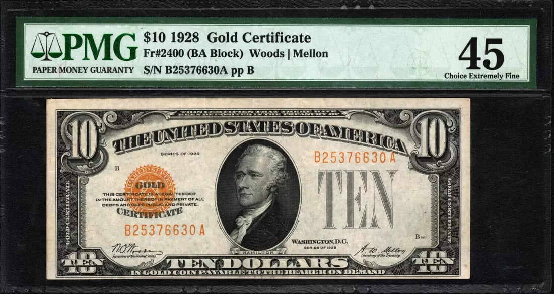 1928 $10 GOLD CERTIFICATE FR.2400 WOODS MELLON PMG CH EXTREMELY FINE 45 (630A) (1 of 2)
