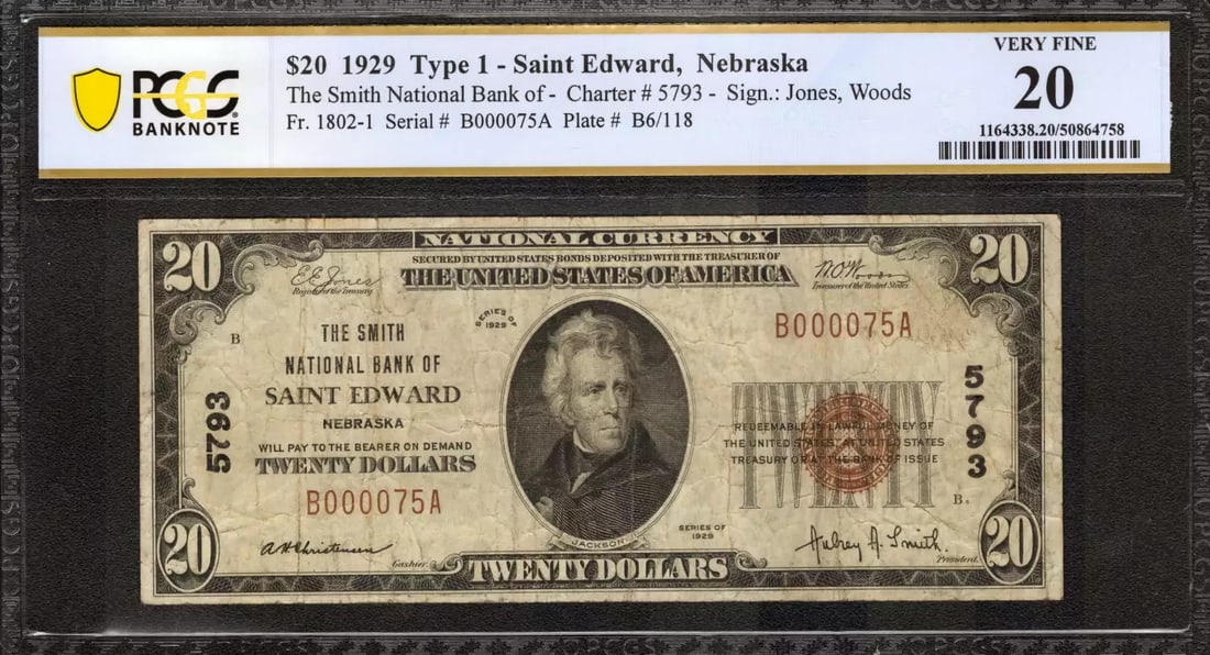 1929 $20 SMITH NATIONAL BANKNOTE CURRENCY SAINT EDWARD NEBRASKA PCGS 20 VF (075A (1 of 2)