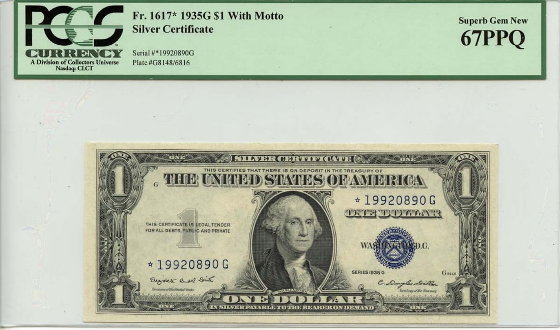 1935G $1 With Motto Silver Certificate FR#1617* PCGS Superb Gem67 PPQ: 1935G $1 With Motto Silver Certificate FR#1617* PCGS Superb Gem67 PPQ The 1935G $1 With Motto Silver Certificate FR#1617* is a highly graded, uncirculated MS67 example, certified by PCGS as a Superb G