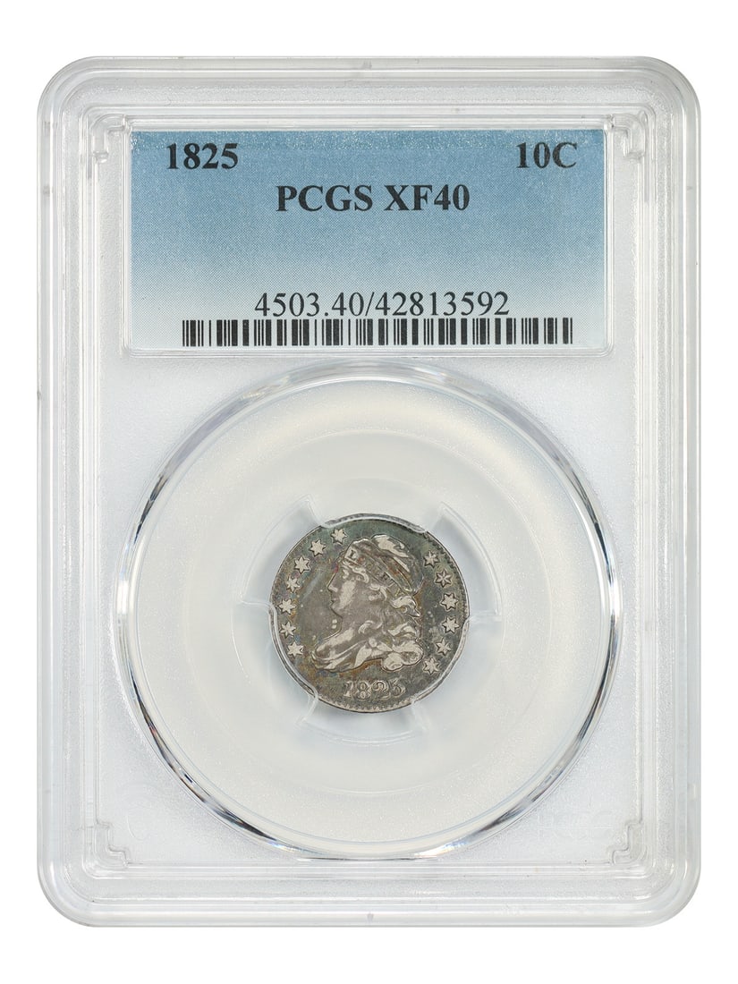 Capped Bust Dime PCGS XF40 10C 1825: Capped Bust Dime PCGS XF40 10C 1825 Capped Bust Dime PCGS XF40 10C 1825 is a circulated 1825 dime with a PCGS certification number of 42813592, graded XF40. This coin features the iconic Capped Bust d