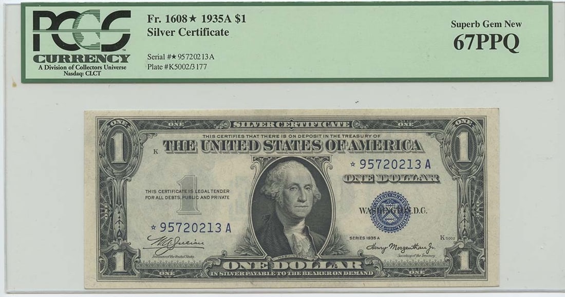 $1 Silver Cert 1935A FR#1608* PCGS 67 Superb Gem PPQ Star: $1 Silver Cert 1935A FR#1608* PCGS 67 Superb Gem PPQ Star MS67 Circulated/Uncirculated 1935 Silver Certificate Star, graded Superb Gem by PCGS, features a stunning example of this rare and historic cu
