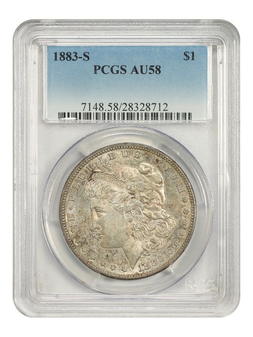 S-Mint Morgan Dollar Tough PCGS AU58: S-Mint Morgan Dollar Tough PCGS AU58 The 1883 S-Mint Morgan Dollar is a circulated coin with a PCGS AU58 grade, bearing the certification number 28328712. This coin features the San Francisco mint mar