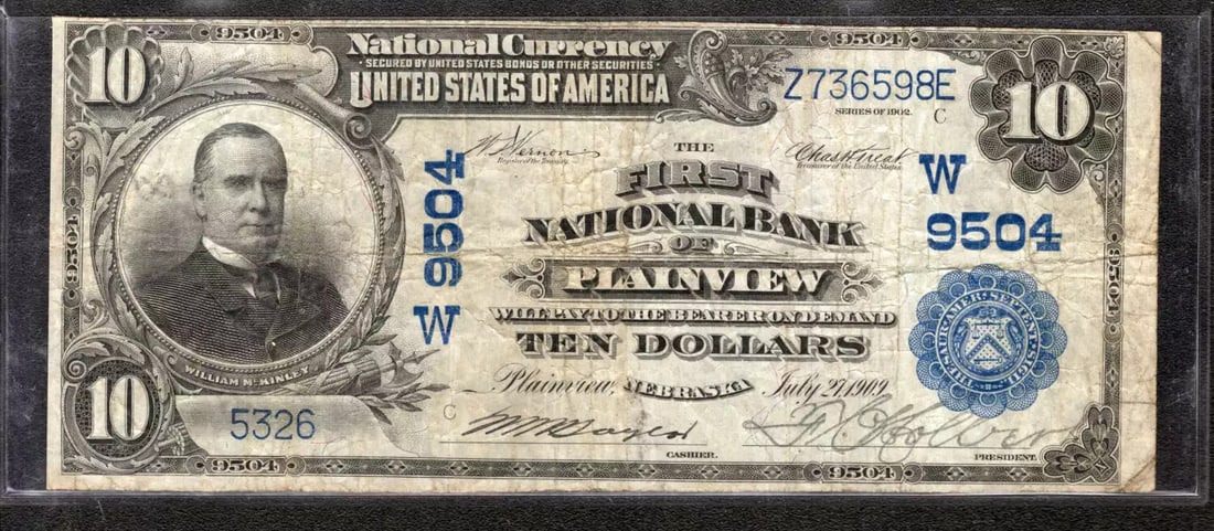 1902 $10 FIRST NATIONAL BANKNOTE CURRENCY PLAINVIEW NEBRASKA FR.626 (5326): 1902 $10 FIRST NATIONAL BANKNOTE CURRENCY PLAINVIEW NEBRASKA FR.626 (5326) Item Specifics: Certification: Uncertified Series Year: 1902 Year: 1902 Circulated/Uncirculated: Circulated Country: United S