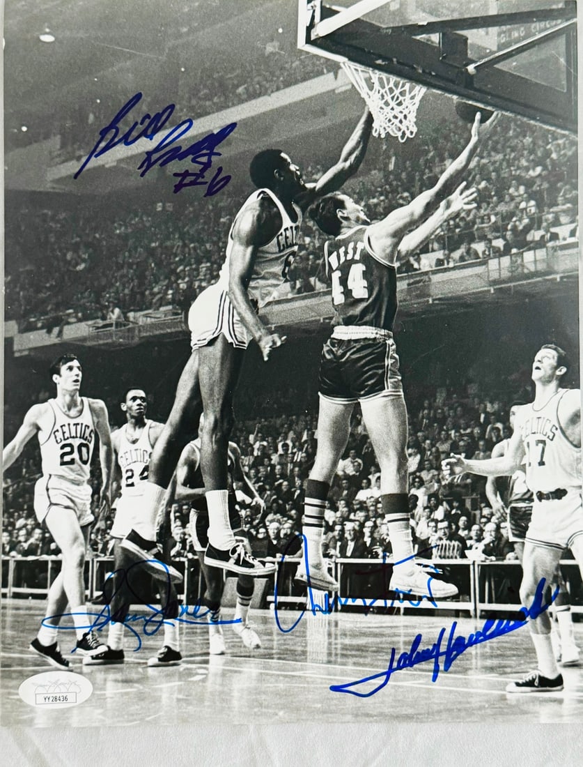 Bill Russell John Havlicek Sam Jones & Jerry West Autographed 8x10 Photo (JSA): Bill Russell John Havlicek Sam Jones & Jerry West Autographed 8x10 Photo (JSA) Signed across the front of the photo in blue sharpie, this 8x10 photo features a unique autograph from four NBA legends: 