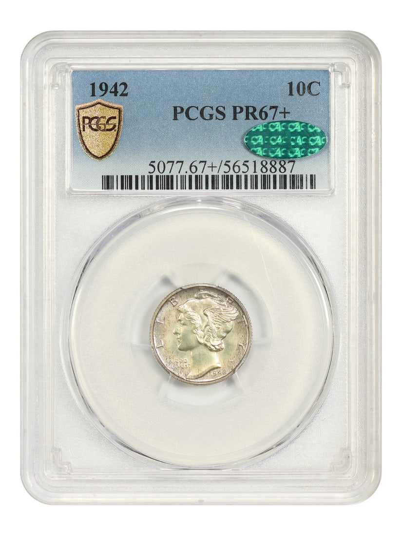 10C Mercury Dime PCGS CAC PR67+ 1942: 10C Mercury Dime PCGS CAC PR67+ 1942 PCGS CAC PR67+ 1942 Mercury Dime, certified uncirculated, boasts a high grade of 67+ from the Professional Coin Grading Service, a testament to its exceptional con
