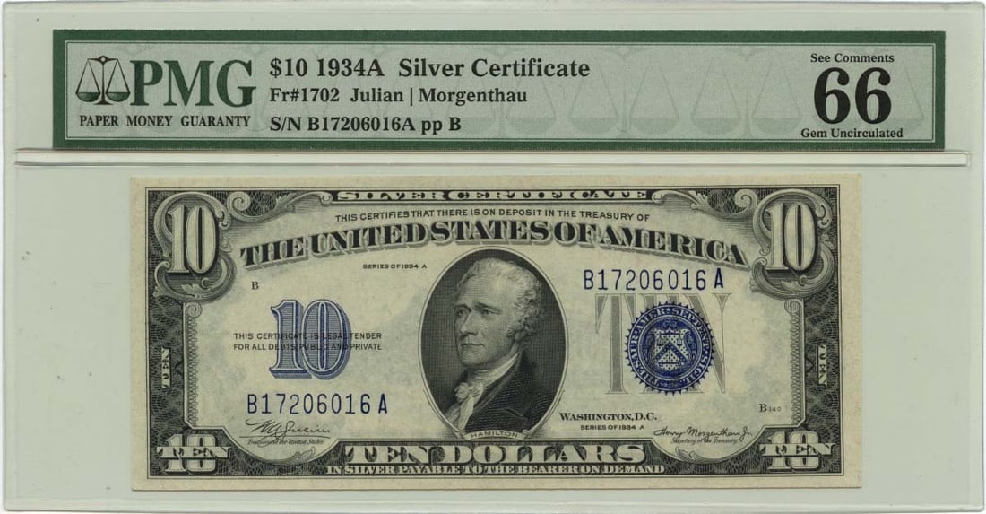 1934A $10 Silver Certificate Blue Julian Morgenthau Fr# 1702 PMG GEM 66 EPQ: 1934A $10 Silver Certificate Blue Julian Morgenthau Fr# 1702 PMG GEM 66 EPQ The 1934A $10 Silver Certificate Blue, graded MS66 by PMG, is a highly detailed and well-preserved example of this circulate