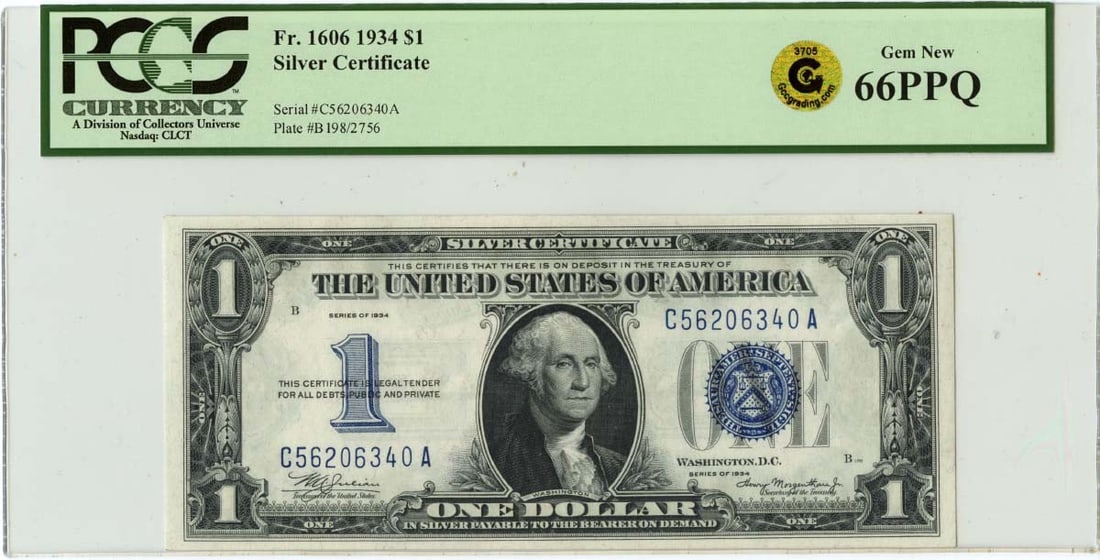 $1 Silver Certificate FR#1606 PCGS GEM 66 PPQ Gold: $1 Silver Certificate FR#1606 PCGS GEM 66 PPQ Gold The 1934 Silver Certificate, FR#1606, boasts a stunning PCGS GEM 66 PPQ Gold grade, showcasing its exceptional condition and rarity. This uncirculate