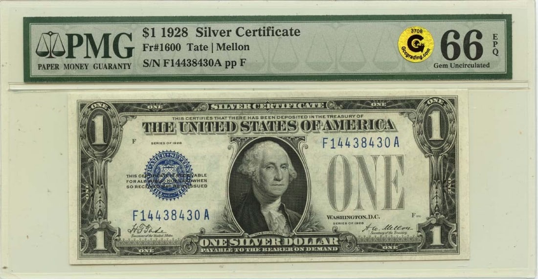1928 $1 Silver Certificate FR#1600 PMG GEM 66 EPQ GCC Gold: 1928 $1 Silver Certificate FR#1600 PMG GEM 66 EPQ GCC Gold The 1928 $1 Silver Certificate (FR#1600) is a rare and highly sought-after collectible, boasting a PMG GEM 66 EPQ GCC Gold grade, indicating 