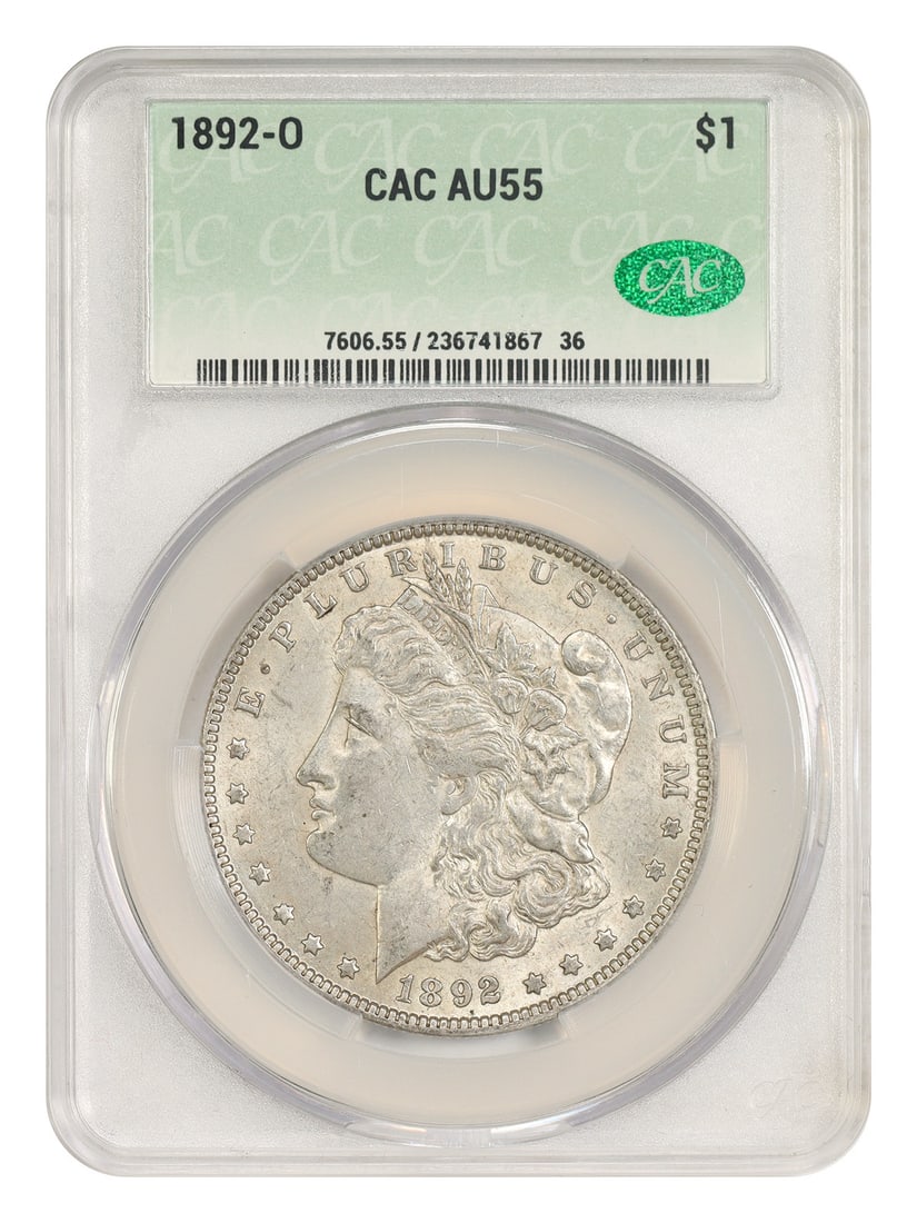 CACG AU55 1892 O-Mint Morgan Dollar: CACG AU55 1892 O-Mint Morgan Dollar The 1892 O-Mint Morgan Dollar is a circulated example from the New Orleans Mint, bearing the distinctive "O" mint mark. This coin features the iconic design of Augu