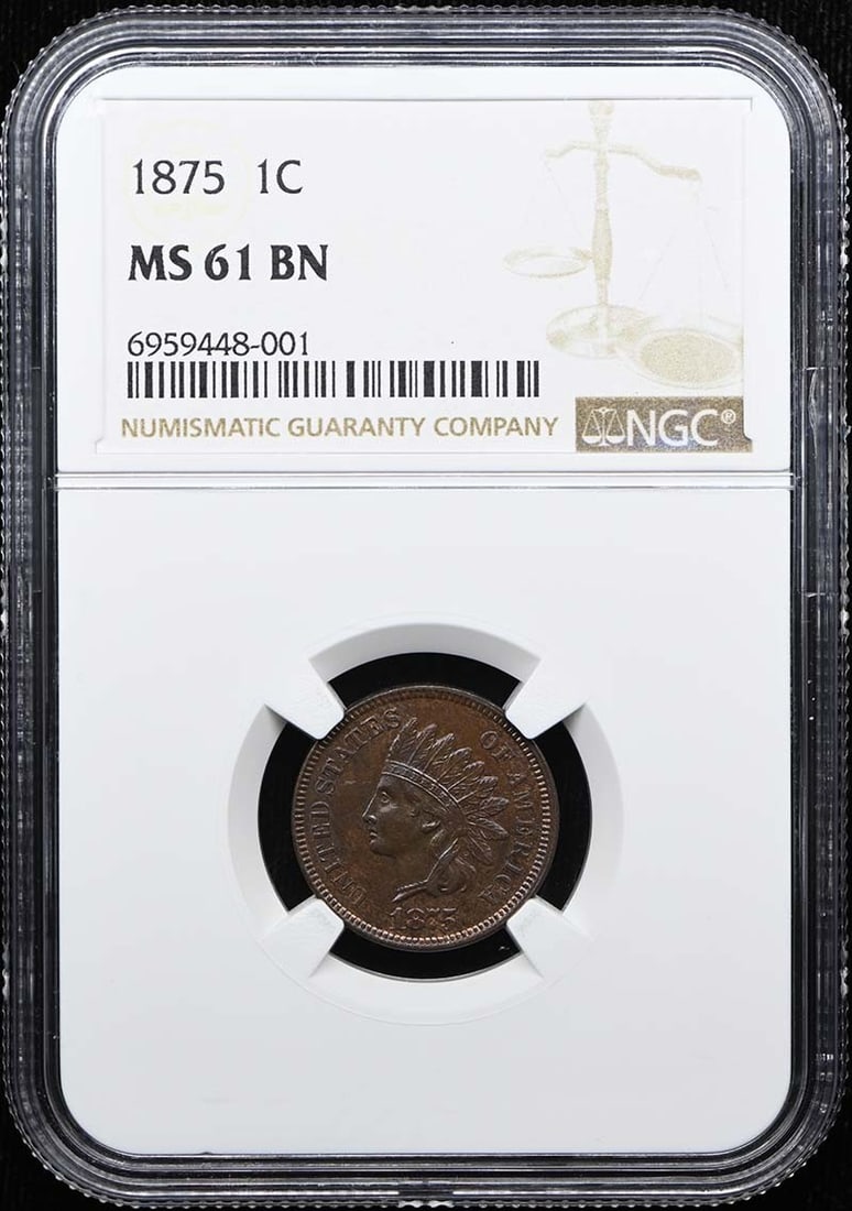 Indian Cent 1C Bronze 1875 NGC MS61BN: Indian Cent 1C Bronze 1875 NGC MS61BN The 1875 Indian Cent 1C Bronze is a highly detailed and well-preserved coin, graded MS61BN by the Numismatic Guaranty Corporation (NGC). This uncirculated coin fe