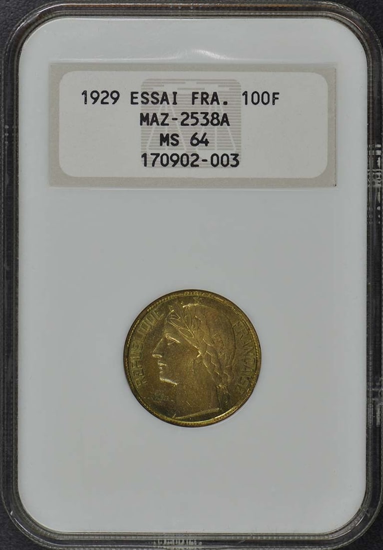 1929 France Essai 100F Maz-2538A NGC MS64: 1929 France Essai 100F Maz-2538A NGC MS64 The 1929 France Essai 100F Maz-2538A is a highly detailed and precise coin featuring the Maz-2538A design, struck in 1929. Graded MS64 by the Numismatic Guara
