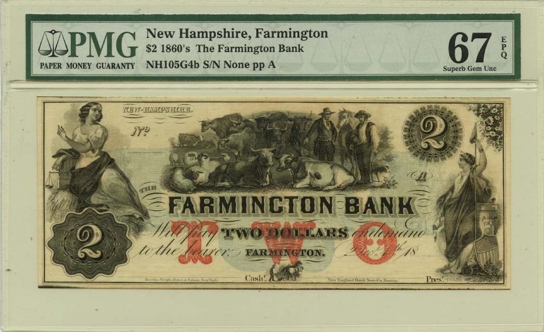 1860s $2 Farmington New Hampshire Obsolete Farmington Bank PMG Superb GEM 67 EPQ: 1860s $2 Farmington New Hampshire Obsolete Farmington Bank PMG Superb GEM 67 EPQ MS67 Uncirculated 1860s $2 Farmington New Hampshire Obsolete Bank Note, certified by PMG as Superb, boasts exceptional 
