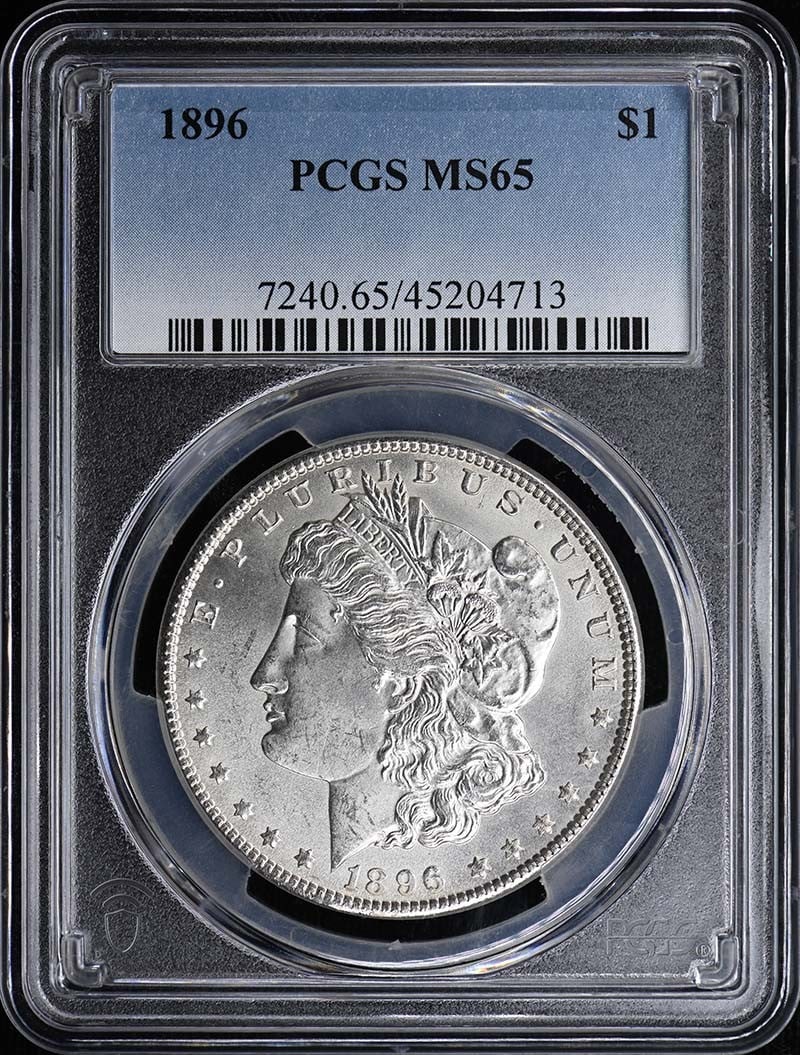 1896 $1 Morgan Dollar PCGS MS65: 1896 $1 Morgan Dollar PCGS MS65 The 1896 $1 Morgan Dollar, graded MS65 by PCGS, is a highly detailed and well-preserved uncirculated coin. Certified by the prestigious Professional Coin Grading Servic