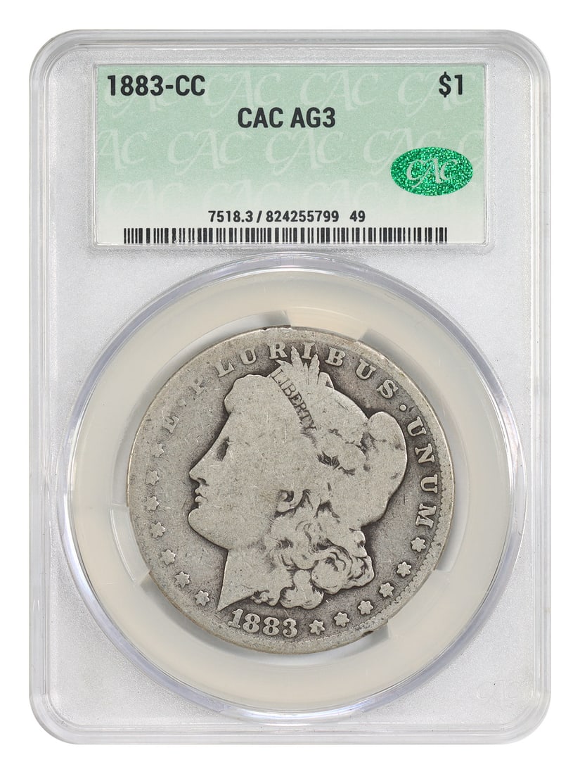 CC-Mint Popular 1883-CC $1 CACG AG03 Morgan Dollar: CC-Mint Popular 1883-CC $1 CACG AG03 Morgan Dollar The 1883-CC $1 Morgan Dollar is a circulated example from the Carson City mint, bearing the CACG certification number 824255799. This coin features t