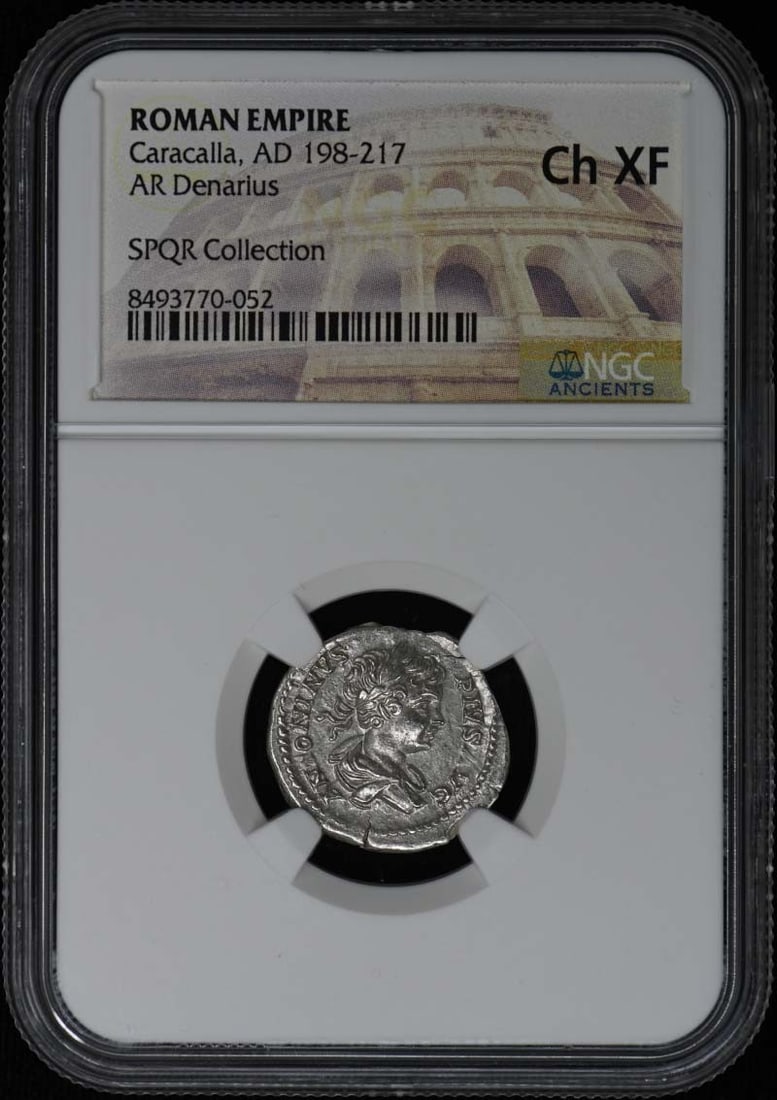 Caracalla, AD 198-217 ROMAN EMPIRE AR Denarius NGC XF45: Caracalla, AD 198-217 ROMAN EMPIRE AR Denarius NGC XF45 NGC XF45 graded Caracalla, AD 198-217 Roman Empire Ar Denarius, bearing certification number 8493770052, showcases a well-preserved example of t