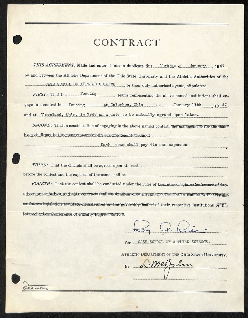 Lynn St. John HOF Signed 1947 Contract Ohio State & Case Western JSA 198959: Lynn St. John HOF Signed 1947 Contract Ohio State & Case Western JSA 198959 Signed by Lynn St. John in 1947, this contract is a unique piece of baseball history, featuring the Ohio State and Case West