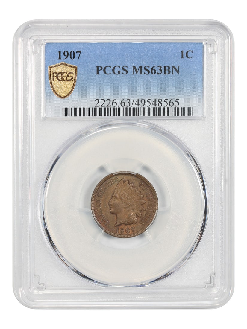 1907 1C PCGS MS63BN - Indian Cent: 1907 1C PCGS MS63BN - Indian Cent 1907 Indian Cent in Brilliant Uncirculated Condition. This PCGS MS63BN coin boasts a beautiful brown patina, characteristic of coins from the Philadelphia mint. Certi