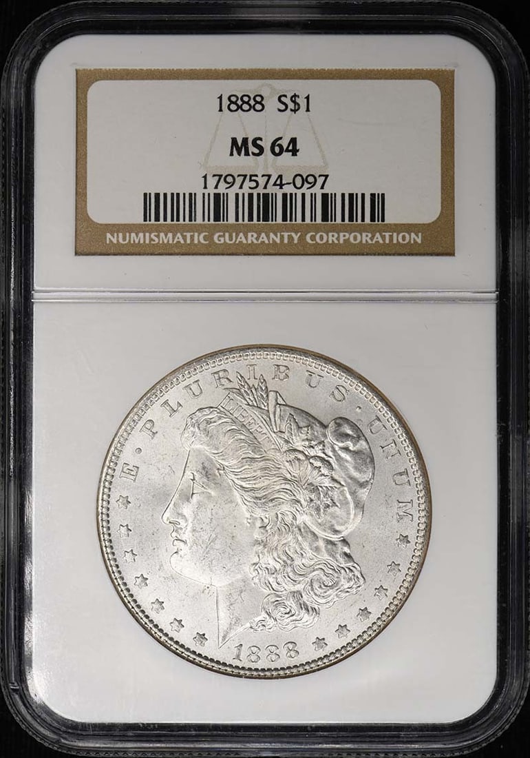 1888 Morgan Dollar S$1 NGC MS64: 1888 Morgan Dollar S$1 NGC MS64 The 1888 Morgan Dollar S$1 NGC MS64 is a highly detailed and well-preserved coin, certified by the Numismatic Guaranty Corporation (NGC) with a grade of MS64. This unci