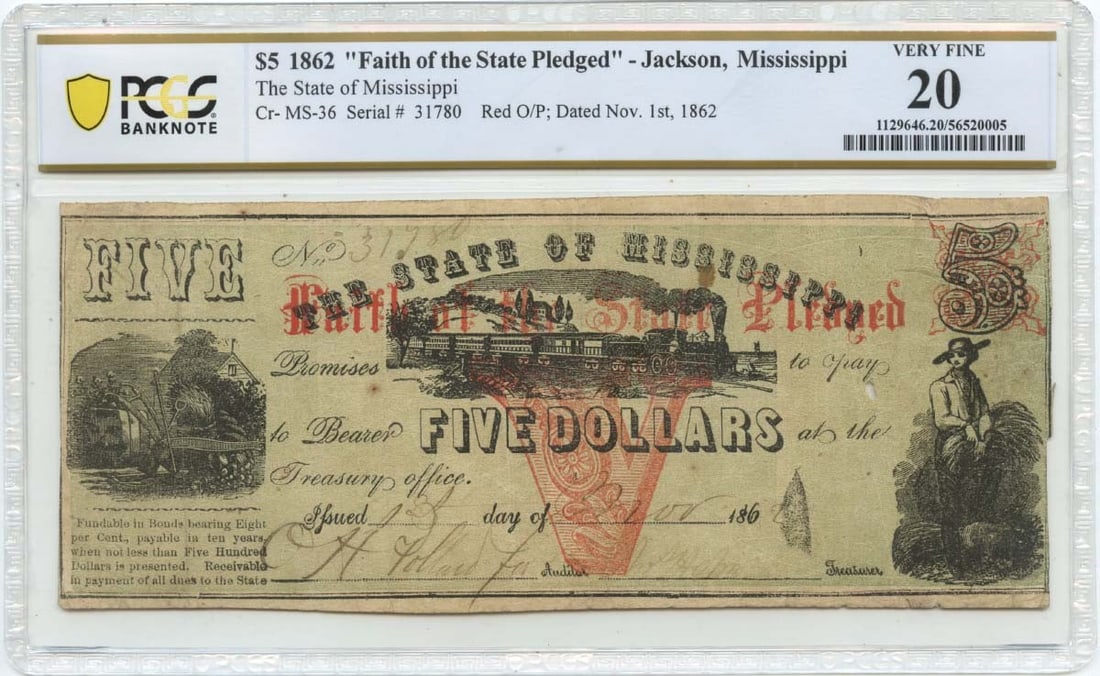 Mississippi State Note Jackson $5 1862 PCGS VF20: Mississippi State Note Jackson $5 1862 PCGS VF20 Item Specifics: Certification: PCGS Banknote Certification Number: 56520005 Grade: VF20 Circulated/Uncirculated: Circulated Denomination: Obsolete Note