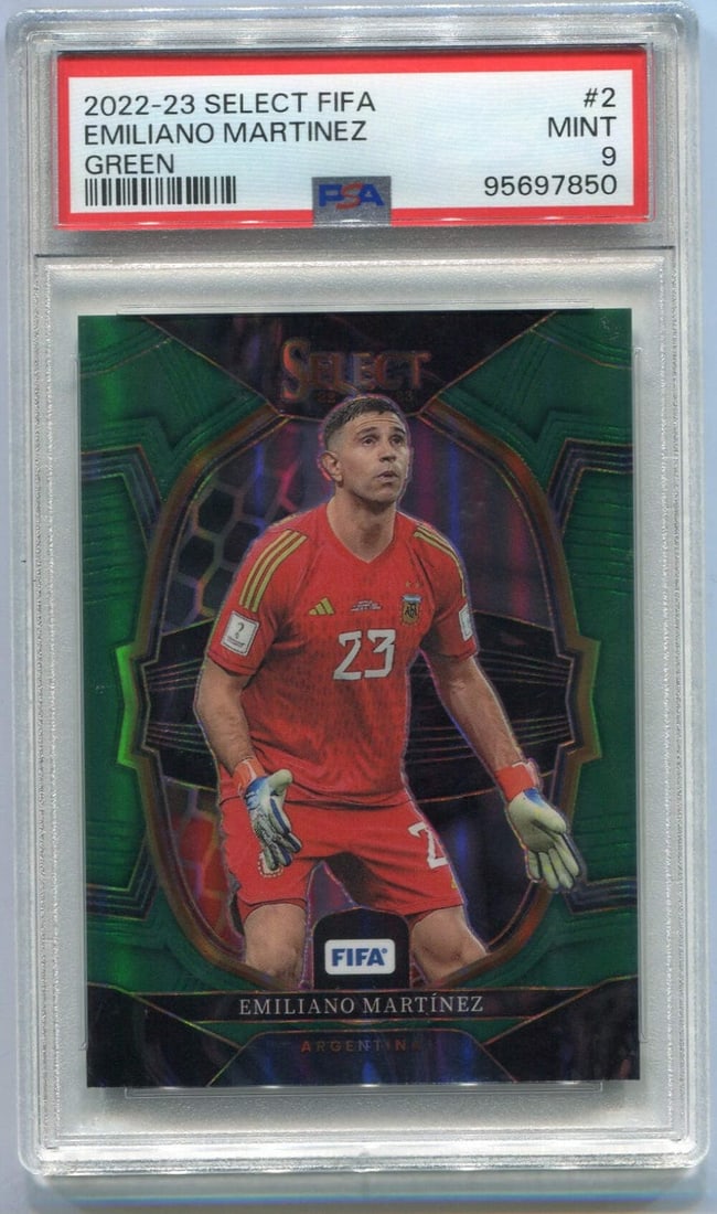Martinez 2023 2024 Select Panini FIFA Green Prizm Card #2 2/ 5 PSA Gra: Martinez 2023 2024 Select Panini FIFA Green Prizm Card #2 2/ 5 PSA Gra Panini America's 2023-2024 Select FIFA Green Prizm Card #2 is a graded 9 PSA card featuring Emiliano Martinez, a skilled soccer p