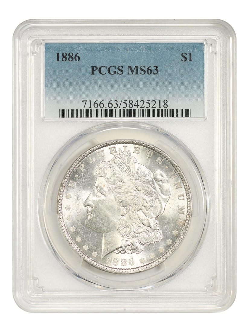 1886 $1 PCGS MS63 - Morgan Dollar: 1886 $1 PCGS MS63 - Morgan Dollar The 1886 $1 Morgan Dollar is a highly sought-after coin, graded MS63 by PCGS. This uncirculated coin boasts a rich history, having been minted in Philadelphia in 1886