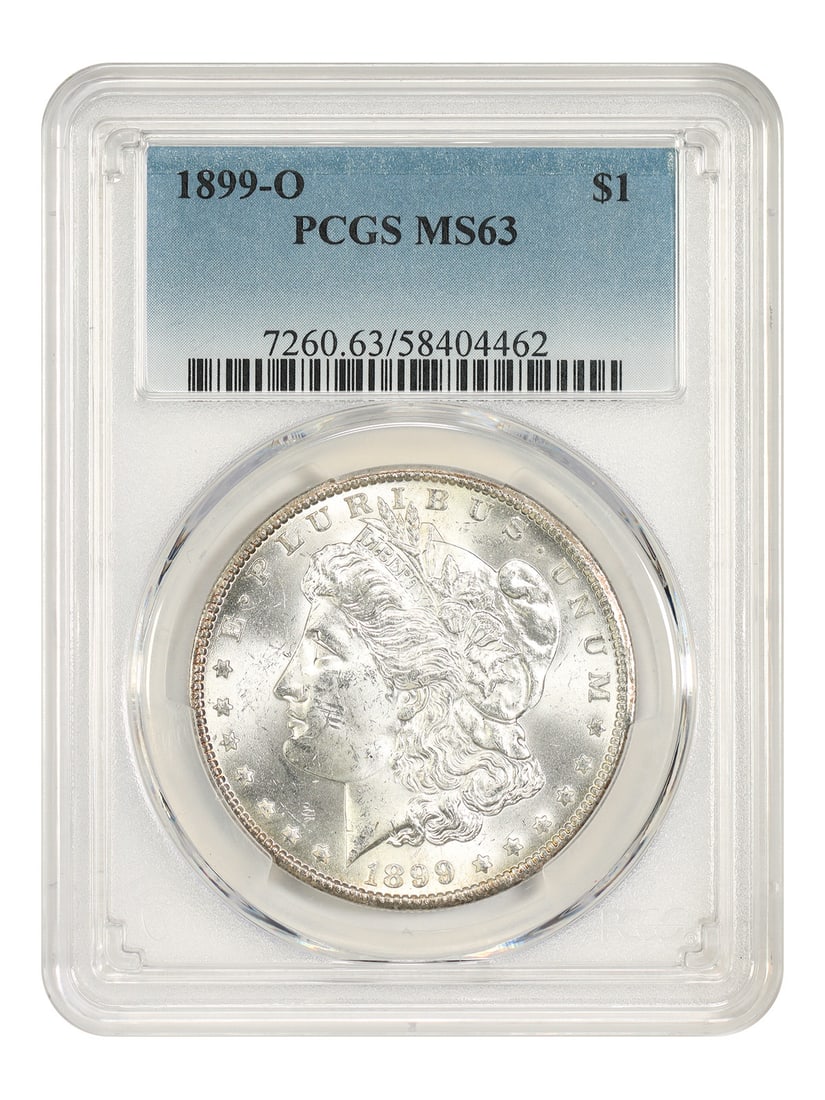 Morgan Dollar Popular O-Mint MS63 PCGS $1 1899-O: Morgan Dollar Popular O-Mint MS63 PCGS $1 1899-O The 1899-O Morgan Dollar is a highly sought-after coin, featuring a distinctive "O" mint mark from the New Orleans mint. In Mint State 63 condition, th