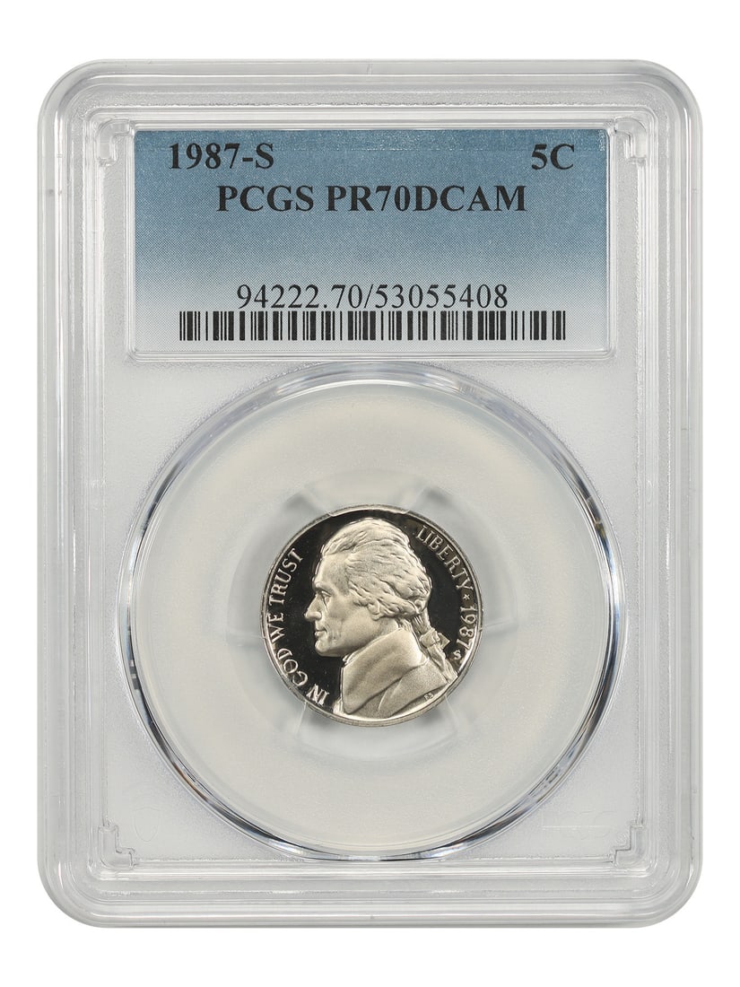 PCGS PR70DCAM 5C 1987-S Jefferson Nickel: PCGS PR70DCAM 5C 1987-S Jefferson Nickel The 1987-S Jefferson Nickel, graded PR70DCAM by PCGS, boasts pristine condition and a rich history, having been certified as one of the finest circulated coins