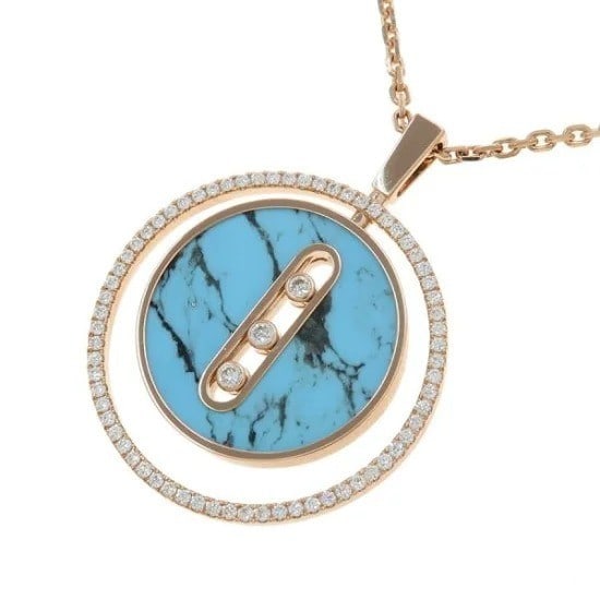 Messika Lucky Move Diamond Blue Turquoise 18k Rose Gold Chain Necklace Pendant: Messika Lucky Move Diamond Blue Turquoise 18k Rose Gold Chain Necklace Pendant Item Specifics: Materials Sourced From: France Closure: Lobster Occasion: Anniversary Birthday Christmas Engagement Gradu