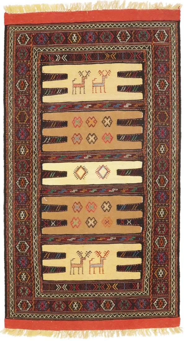 3X5'7 Beige & Cream Tribal Flat-Weave Sumak Herati Rug Oriental Decor Carpet Hand-Knotted: 3X5'7 Beige & Cream Tribal Flat-Weave Sumak Herati Rug Oriental Decor Carpet Hand-Knotted Beige & Cream Tribal Flat-Weave Sumak Herati Rug is a hand-knotted, hand-woven wool rug featuring a modern flo