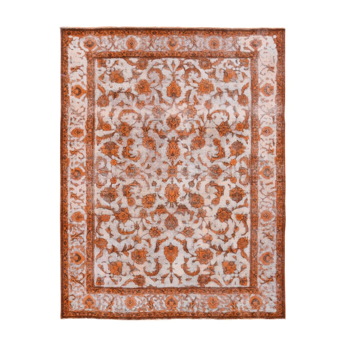 8'1"x10'9" Orange Overdyed Vintage Tebraz Design Wool Hand Knotted Rug: 8'1"x10'9" Orange Overdyed Vintage Tebraz Design Wool Hand Knotted Rug This vibrant orange overdyed vintage Tebraz design wool hand knotted rug boasts a unique, rectangular field with intricate patter