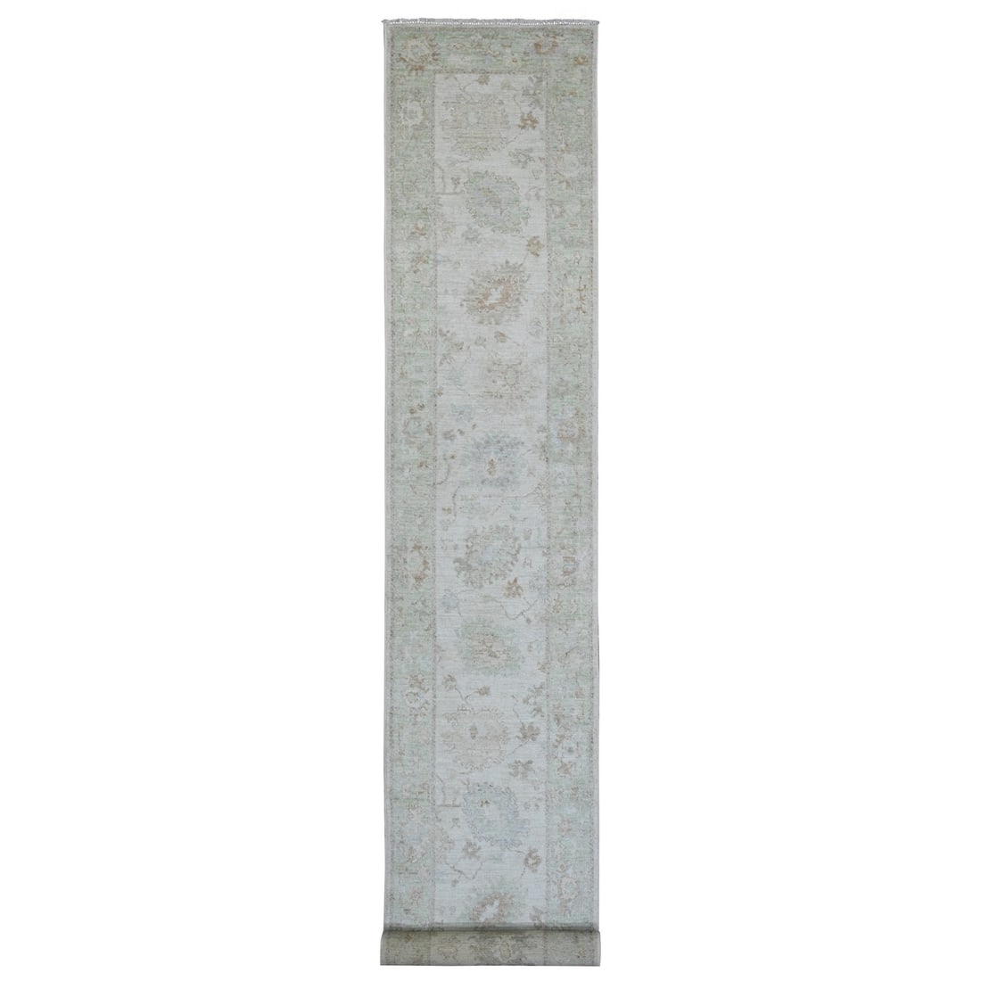 2'10"x19' White Angora Oushak Leaf Design Wool Hand Knotted Runner Rug: 2'10"x19' White Angora Oushak Leaf Design Wool Hand Knotted Runner Rug This stunning 2'10"x19' White Angora Oushak Leaf Design Wool Hand Knotted Runner Rug boasts a striking ivory color and intricate 