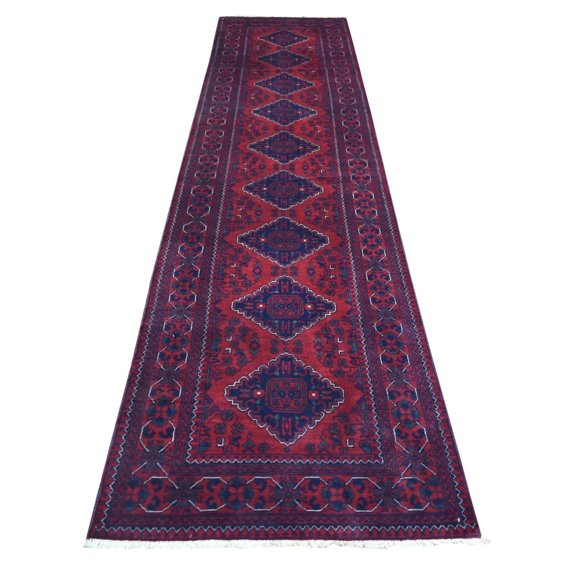3'x12'8" Deep Red Afghan Khamyab Velvety Wool Hand Knotted Runner Rug: 3'x12'8" Deep Red Afghan Khamyab Velvety Wool Hand Knotted Runner Rug Deep red velvety wool hand-knotted runner rug, measuring 3'x12'8" in size, boasts a stunning 36" width. Made from 100% wool, this 