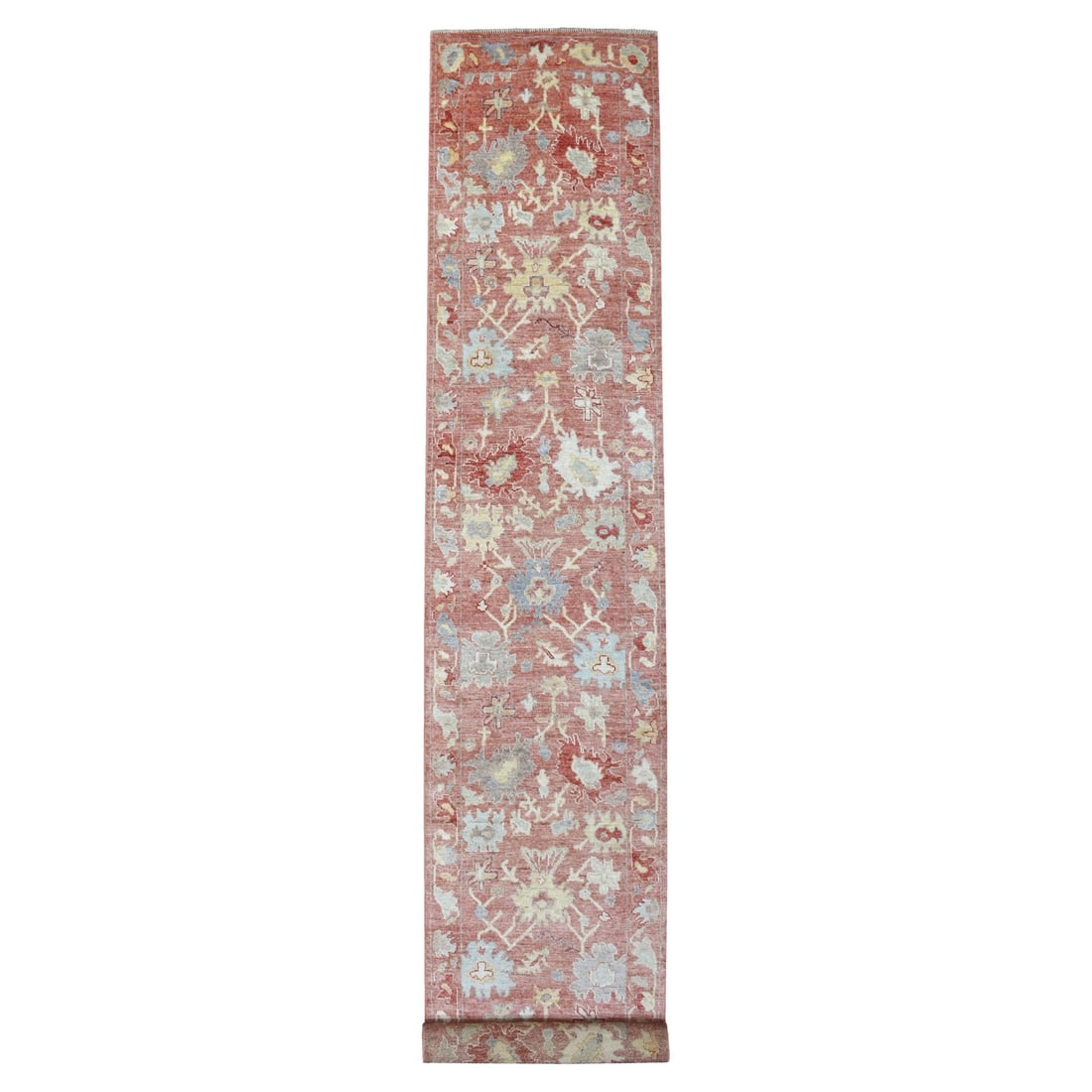 3'1"x19'8" Pure Wool Hand Knotted Coral Red Angora Oushak XL Runner Rug: 3'1"x19'8" Pure Wool Hand Knotted Coral Red Angora Oushak XL Runner Rug The 3'1"x19'8" Pure Wool Hand Knotted Coral Red Angora Oushak XL Runner Rug is a stunning example of Afghan craftsmanship, boast