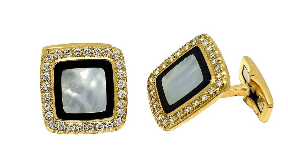 Diamond Mother of Onyx 18k Yellow Mens Gold Square Cufflinks Piaget (1 of 8)