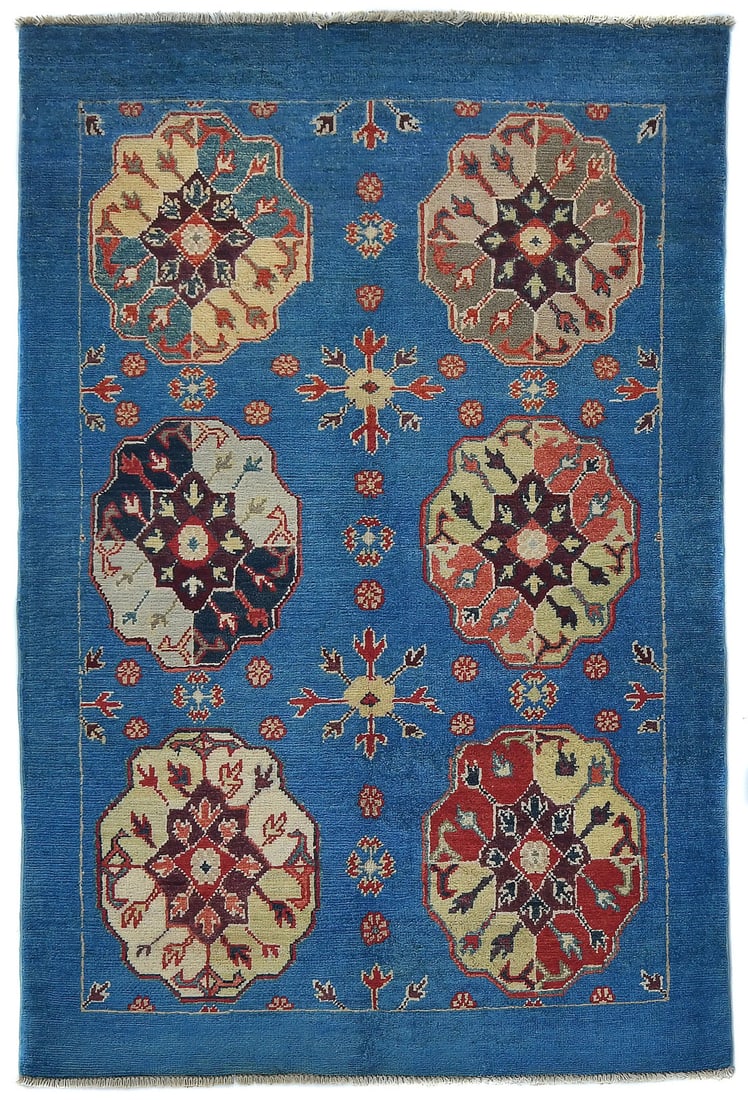 Hand-Knotted Blue Kazak Oushak Rug 3X5 Modern Floral Oriental Carpet Pakistan Hand-Knotted: Hand-Knotted Blue Kazak Oushak Rug 3X5 Modern Floral Oriental Carpet Pakistan Hand-Knotted Hand-knotted in the traditional Pakistani style, this 3'2 x 4'10 blue and beige oushak rug boasts a stunning 