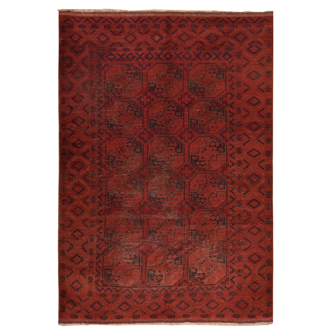 7'8"x11' Red Vintage Afghan Elephant Feet Design Wool Hand Knotted Rug: 7'8"x11' Red Vintage Afghan Elephant Feet Design Wool Hand Knotted Rug This stunning 7'8"x11' red wool hand-knotted rug boasts a striking elephant feet design, showcasing the artisan's skillful crafts