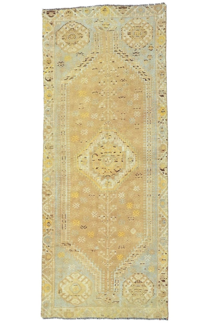 3'11 X 9'3 Vintage Wool Tribal Runner Rug Distressed Carpet Muted Colors 4X9 Ft Hand-Knotted: 3'11 X 9'3 Vintage Wool Tribal Runner Rug Distressed Carpet Muted Colors 4X9 Ft Hand-Knotted Hand-knotted in wool, this vintage 3'11 x 9'3 tribal runner rug boasts a unique, muted color palette and ge
