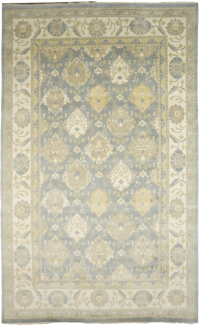 Handmade Palatial Oushak Chobi Rug Blue-Gray Floral Oriental Carpet 12X20 Ft Hand-Knotted (1 of 17)