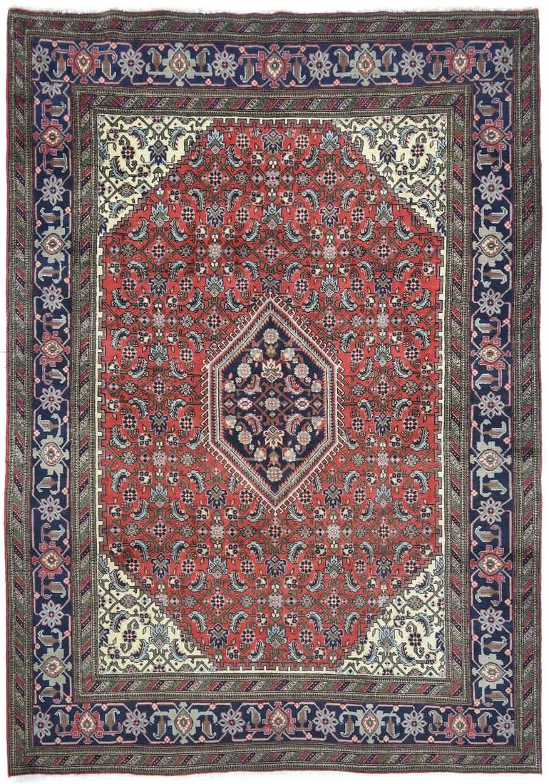 Vintage Handmade Oriental Rug 7X10 Ft Geometric Classic Bedroom Decor Carpet Hand-Knotted: Vintage Handmade Oriental Rug 7X10 Ft Geometric Classic Bedroom Decor Carpet Hand-Knotted Hand-knotted in wool, this 7'1 X 9'9 ft vintage Oriental rug boasts a stunning geometric pattern in a rich, bi