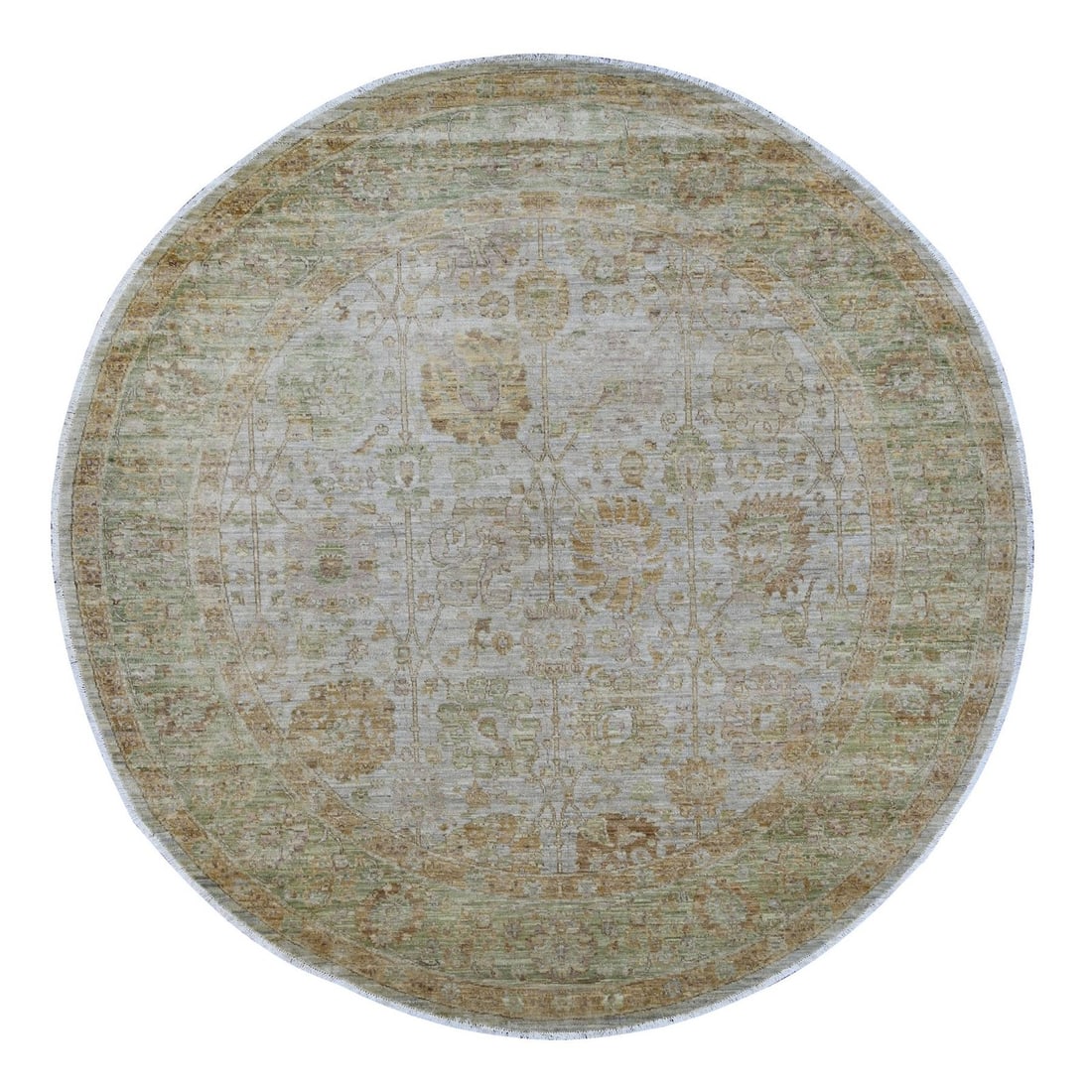 Peshawar Ziegler Mahal Design Round Gray Wool Rug Hand Knotted 8'2"x8'2: Peshawar Ziegler Mahal Design Round Gray Wool Rug Hand Knotted 8'2"x8'2 The Peshawar Ziegler Mahal Design Round Gray Wool Rug is a stunning example of traditional Afghan craftsmanship, boasting an all