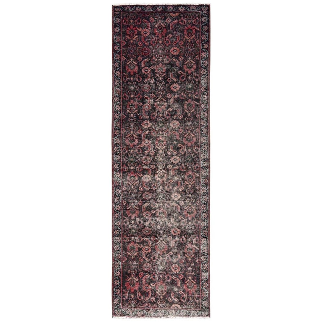 2'7"x8'7" Brown Vintage Zoroastrian Pure Wool Hand Knotted Runner Rug: 2'7"x8'7" Brown Vintage Zoroastrian Pure Wool Hand Knotted Runner Rug This stunning 2'7"x8'7" Brown Vintage Zoroastrian Pure Wool Hand Knotted Runner Rug boasts a rich, all-over regional design, chara