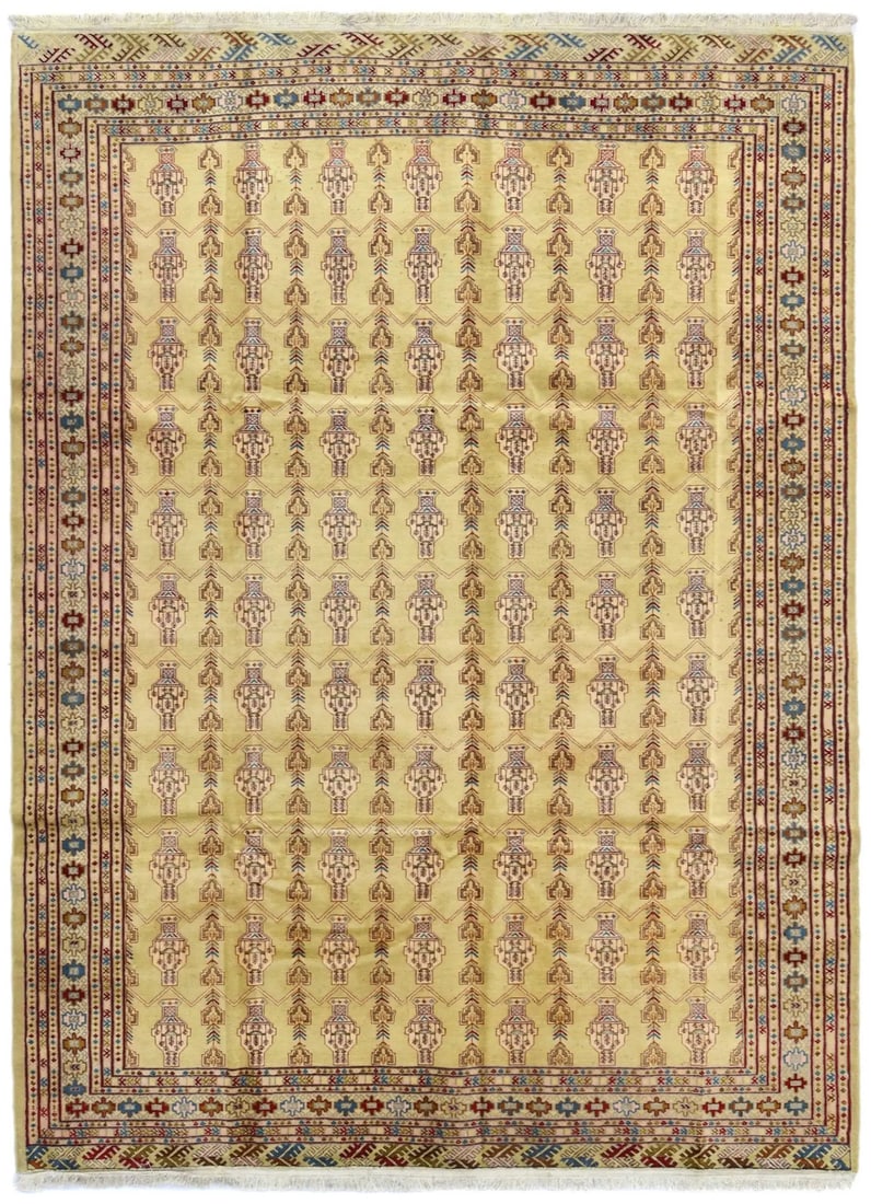 Beige One Of A Kind Tribal 7X9 Design Wool Handmade Farmhouse Oriental Carpet Hand-Knotted: Beige One Of A Kind Tribal 7X9 Design Wool Handmade Farmhouse Oriental Carpet Hand-Knotted Unique Vintage Wool Carpet with Distinctive Tribal Design. This 7x9 Beige Oriental Carpet features a beautifu