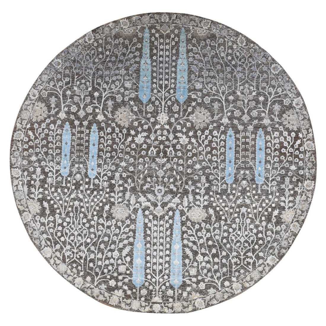 9'1"x9'1" Brown Cypress Tree Design Silk with Wool Hand Knotted Round Rug: 9'1"x9'1" Brown Cypress Tree Design Silk with Wool Hand Knotted Round Rug Silk and wool hand-knotted in an intricate Oriental design, this 9'1"x9'1" brown cypress tree design rug boasts a rich, warm c