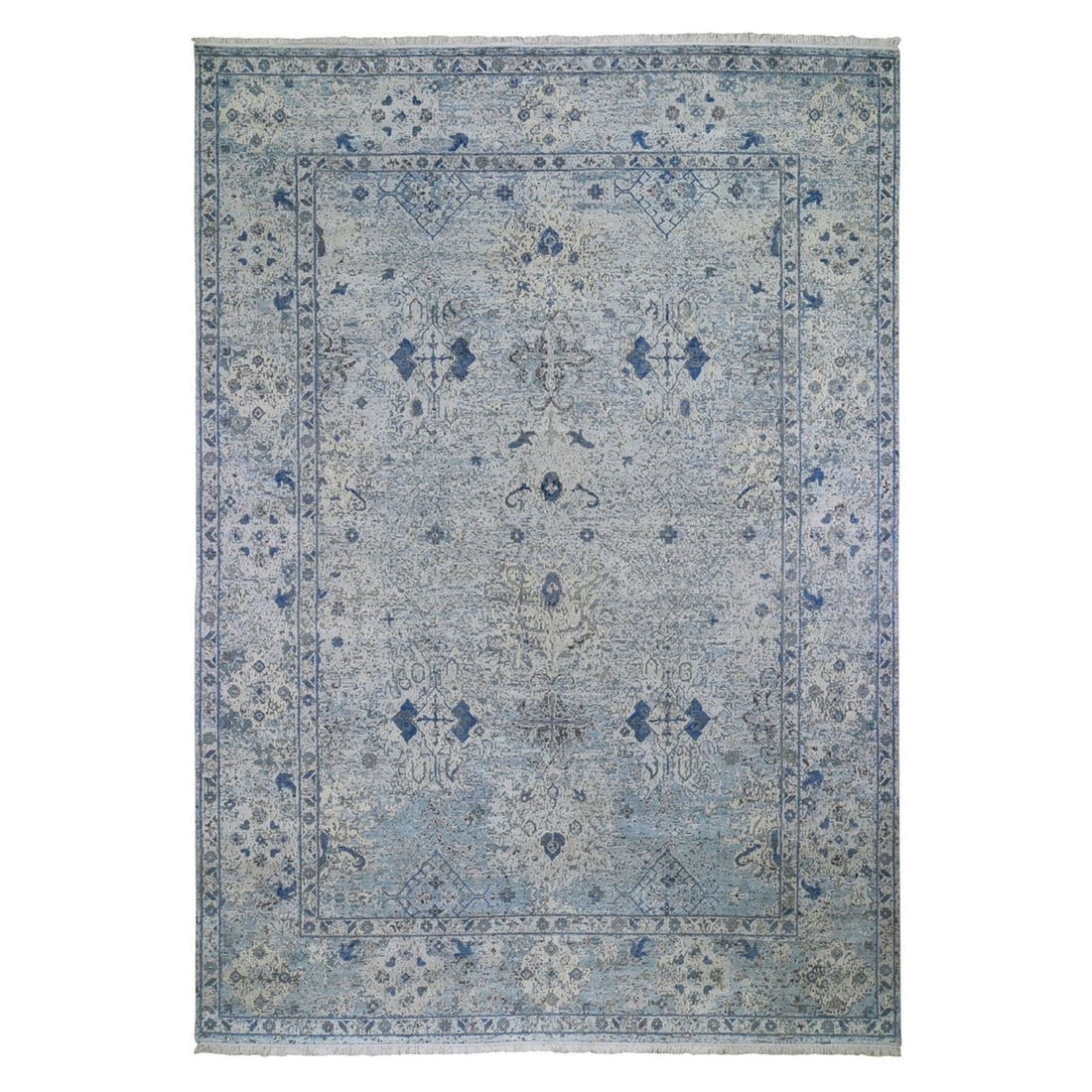 9'10"x14'2" Distressed Oushak Pure Silk with Textured Wool Hand Made Rug: 9'10"x14'2" Distressed Oushak Pure Silk with Textured Wool Hand Made Rug 9'10"x14'2" Distressed Oushak Pure Silk with Textured Wool Hand Made Rug. This unique, hand-made rug boasts a distressed design