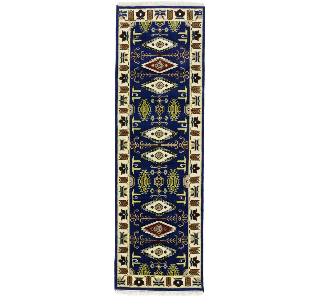 2'6 X 8'1 Handmade Navy Blue Tribal Kazak Runner Rug Hallway Carpet 3X8 Ft Hand-Knotted: 2'6 X 8'1 Handmade Navy Blue Tribal Kazak Runner Rug Hallway Carpet 3X8 Ft Hand-Knotted Hand-knotted in wool, this 2'6 x 8'1 navy blue tribal kazak runner rug boasts a geometric pattern and medium pil