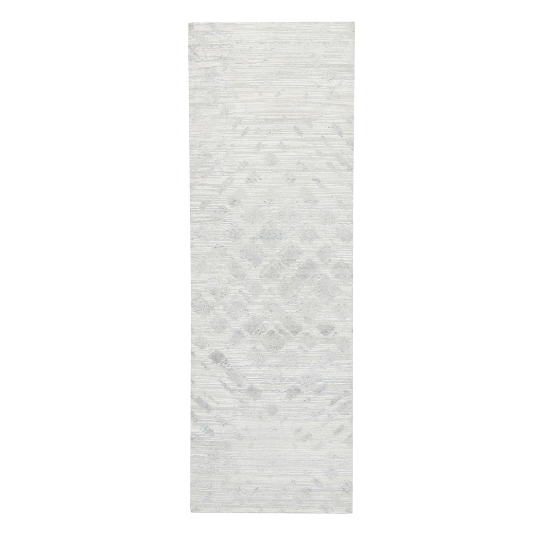 4'x12' Modern Hand Spun Undyed Natural Wool Ivory with Gray Runner Rug: 4'x12' Modern Hand Spun Undyed Natural Wool Ivory with Gray Runner Rug This 4'x12' hand-spun wool ivory grey runner rug boasts a stunning oriental design, expertly crafted with a hand-knotted weave. M